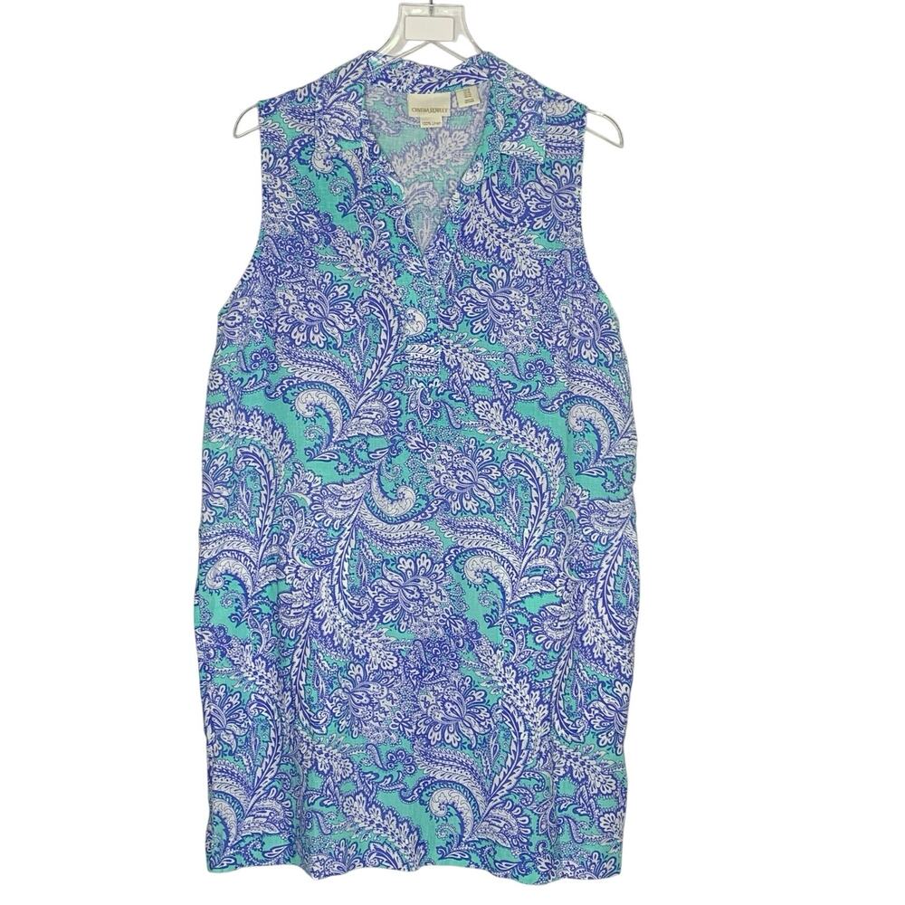 Cynthia Rowley Womens Paisley Print Sleeveless Dress 14 100% Linen Blue Resort
